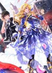 Rule 34 | 1boy, 1girl, :d, armor, armored dress, bad id, bad pixiv id, biting, black legwear, blonde hair, blue dress, blue eyes, blue sky, building, cherry blossoms, d;, dress, epaulettes, flag, glove biting, gloves, highres, layered dress, long sleeves, one eye closed, open mouth, outdoors, parted lips, see-through, short hair, silhouette, sky, smile, standing, swordsouls, teeth, tower, uniform, white gloves