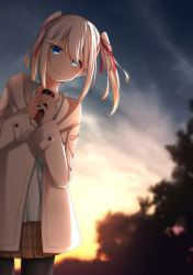 Rule 34 | 1girl, aoi thomas, black pantyhose, blue eyes, blurry, blurry background, blush, brown coat, brown skirt, can, closed mouth, coat, collared shirt, commentary request, depth of field, dress shirt, evening, hair ribbon, highres, holding, holding can, hood, hood down, hooded coat, leaning to the side, neck ribbon, open clothes, open coat, original, outdoors, pantyhose, plaid, plaid skirt, pleated skirt, red ribbon, ribbon, shirt, skirt, smile, solo, sunset, twintails, white hair, white shirt