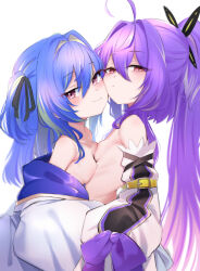 Rule 34 | 2girls, absurdres, ahoge, black ribbon, blue hair, breast press, breasts, cheek-to-cheek, closed mouth, commentary request, detached sleeves, hair between eyes, hair ribbon, heads together, highres, hiyoku no crosspiece, long hair, looking at viewer, mole, mole under eye, multiple girls, nanashi inc., pink eyes, ponytail, purple hair, red eyes, ribbon, shisui kiki, shisui kiki (1st costume), simple background, small breasts, smile, suzumi nemo, symmetrical docking, utsusumi kio, virtual youtuber, white background
