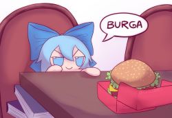 Rule 34 | 1girl, blue bow, blue dress, blue eyes, blue hair, book, book stack, bow, box, burger, chair, cheese, cirno, dress, english text, food, fumo (doll), hair bow, highres, lettuce, short hair, short sleeves, skullchimes, smile, solo, speech bubble, table, tomato, touhou, twitter username, typo, v-shaped eyebrows