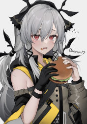 Rule 34 | 1girl, absurdres, arknights, bare shoulders, black gloves, black ribbon, burger, commentary request, dress, flying sweatdrops, food, food on face, gloves, grey background, grey dress, grey hair, hair between eyes, hair ribbon, highres, holding, holding food, hyakutarou (momotar0 4), long hair, looking at viewer, open mouth, red eyes, ribbon, simple background, single glove, solo, upper body, weedy (arknights)