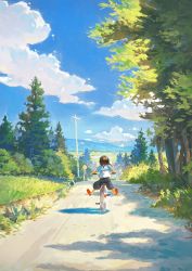 Rule 34 | 1girl, bicycle, blue sky, brown hair, cloud, cloudy sky, day, dirt road, fjsmu, from behind, grass, highres, mountain, mountainous horizon, original, outdoors, outstretched legs, road, road sign, sailor collar, scenery, school uniform, serafuku, shirt, short hair, sign, sky, solo, tree, white shirt