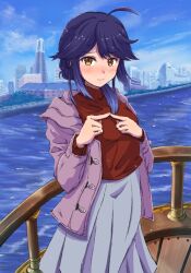 Rule 34 | 1girl, ahoge, alternate costume, alternate hairstyle, black hair, blue sky, cityscape, cloud, commentary request, cowboy shot, day, hair flaps, hair over shoulder, hayanami (kancolle), highres, hood, hooded jacket, jacket, kantai collection, ld (luna dial398), looking at viewer, medium hair, outdoors, pleated skirt, purple jacket, railing, red sweater, sidelocks, skirt, sky, solo, sweater, water, white skirt