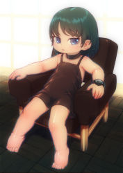 Rule 34 | 1girl, absurdres, armchair, backlighting, barefoot, blue eyes, blush, brown dress, chair, character request, choker, commentary request, copyright request, dot nose, dress, feral lemma, full body, green hair, highres, indoors, looking at viewer, looking to the side, medium hair, outline, outstretched arms, parted lips, reclining, shadow, sitting, sleeveless, solo, swept bangs, tile floor, tiles, watch, wristwatch