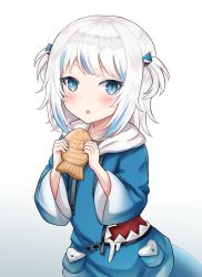 Rule 34 | 1girl, :o, blue eyes, blue hoodie, blush, collarbone, cookie, fang, flat chest, food, gawr gura, gawr gura (1st costume), gradient clothes, hair ornament, highres, holding, holding cookie, holding food, hololive, hololive english, hood, hoodie, long sleeves, looking at viewer, medium hair, multicolored hair, oridays, shark, shark hair ornament, silver hair, simple background, solo, streaked hair, taiyaki, two side up, upper body, virtual youtuber, wagashi, white background, wide sleeves