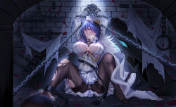 Rule 34 | 1girl, 333 (pixiv8601259), absurdres, azur lane, black gloves, blue eyes, blue hair, blush, bound, breasts, chain, chapayev (azur lane), gloves, hair ornament, hairclip, hat, highres, jacket, large breasts, looking at viewer, military hat, mole, mole on breast, panties, pantyshot, peaked cap, restrained, short hair, sitting, smile, solo, spread legs, torn clothes, torn legwear, underwear, white hat, white jacket