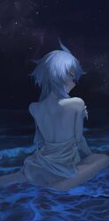 Rule 34 | bafangyu, bare back, female focus, gundam, gundam suisei no majo, highres, looking back, miorine rembran, night, night sky, panties, sky, solo, star (sky), underwear, water, wet, wet clothes, white hair