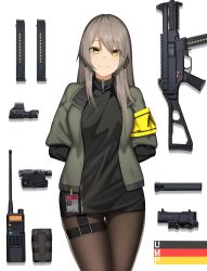Rule 34 | 1girl, arms behind back, black ribbon, black shirt, breasts, cero (last2stage), german flag, girls&#039; frontline, green jacket, grey hair, gun, hair ribbon, highres, id card, jacket, large breasts, long hair, long sleeves, looking at viewer, magazine (weapon), open clothes, open jacket, pantyhose, radio, ribbon, shirt, simple background, smile, solo, submachine gun, suppressor, ump40 (girls&#039; frontline), weapon, white background, yellow eyes
