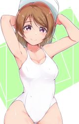 Rule 34 | 1girl, ankoiri, armpits, arms up, blush, breasts, brown hair, cleavage, collarbone, commentary request, green background, highres, holding, koizumi hanayo, looking at viewer, love live!, love live! school idol project, medium breasts, one-piece swimsuit, purple eyes, short hair, smile, solo, swimsuit, wet, white one-piece swimsuit