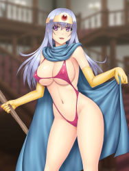 Rule 34 | 1girl, abu, blue hair, blush, breasts, cape, circlet, cleavage, covered erect nipples, cowboy shot, dragon quest, dragon quest iii, elbow gloves, gloves, holding, holding cape, holding clothes, large breasts, light smile, long hair, looking at viewer, open mouth, purple eyes, revealing swimsuit (dq), sage (dq3), solo, staff, swimsuit