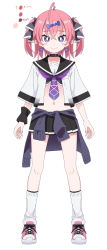 Rule 34 | 1girl, ahoge, black cardigan, black ribbon, black sailor collar, black skirt, cardigan, cardigan around waist, closed mouth, clothes around waist, commentary request, full body, hair ornament, hair ribbon, highres, ixy, ixyv, looking at viewer, navel, neckerchief, original, pink footwear, pink hair, pleated skirt, purple eyes, purple neckerchief, ribbon, sailor collar, school uniform, serafuku, shoes, short hair, simple background, skirt, smile, socks, solo, standing, twintails, virtual youtuber, white background