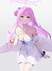 Rule 34 | 1girl, angel wings, bare shoulders, blue archive, blue ribbon, blue scrunchie, breasts, cleavage, closed mouth, collarbone, commentary, crescent, daika!!, dress, feathered wings, fingernails, flower, frilled ribbon, frills, grey background, hair bun, hair flower, hair ornament, hair ribbon, halo, hand on own chest, happy, highres, large breasts, leaning forward, legs, long hair, looking at viewer, low wings, mika (blue archive), pink hair, pink halo, purple flower, ribbon, scrunchie, simple background, single side bun, sleeveless, sleeveless dress, smile, solo, starry sky print, strapless, strapless dress, white dress, white ribbon, white wings, wings, wrist scrunchie, yellow eyes