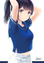 Rule 34 | 1girl, absurdres, arms up, black hair, blue necktie, blue sailor collar, blue shirt, commentary, english commentary, from side, highres, kamui (kamuikaoru), looking at viewer, looking to the side, midriff, navel, necktie, open mouth, original, parted lips, photoshop (medium), pleated skirt, ponytail, purple eyes, sailor collar, see-through silhouette, shirt, short sleeves, signature, simple background, skirt, solo, upper body, watermark, web address, white background, white skirt