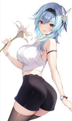 Rule 34 | 1girl, black hairband, black shorts, black thighhighs, blue hair, cowboy, cropped shirt, eula (genshin impact), flower, from side, genshin impact, hairband, highres, holding, holding flower, looking at viewer, looking to the side, midriff, open mouth, oryo (oryo04), shirt, shoes, shorts, simple background, sleeveless, sleeveless shirt, smile, solo, thighhighs, watch, western, white background, white shirt, wristwatch, yellow eyes, zettai ryouiki