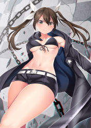 Rule 34 | 1girl, armpits, bare shoulders, belt, bikini, bikini top only, black bikini, black coat, black rock shooter, black rock shooter (character), black rock shooter (character) (cosplay), black shorts, blush, breasts, brown eyes, brown hair, chain, checkered background, chromatic aberration, cleavage, coat, collarbone, commentary request, cosplay, cowboy shot, front-tie top, groin, hair between eyes, hair ribbon, highres, holding, holding sword, holding weapon, hood, hood down, hooded coat, kantai collection, long hair, looking at viewer, medium breasts, midriff, navel, off-shoulder coat, off shoulder, ribbon, short shorts, shorts, sidelocks, smile, solo, standing, swimsuit, sword, tone (kancolle), twintails, underboob, weapon, white belt, white ribbon, yasume yukito