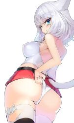 Rule 34 | 10s, 1girl, adjusting clothes, adjusting panties, animal ears, ass, back, bad id, bad twitter id, blue eyes, blush, breasts, covered erect nipples, final fantasy, final fantasy xiv, from behind, from below, looking at viewer, looking back, microskirt, minono aki, miqo&#039;te, panties, simple background, skirt, smile, smug, solo, tail, thighhighs, tsurime, underwear, warrior of light (ff14), wedgie, white background, white hair, white panties, white thighhighs