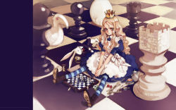 Rule 34 | alice (alice in wonderland), alice in wonderland, blonde hair, blue eyes, board game, boots, card, chess, crown, dice, dress, egg, fork, hat, highres, hourglass, knife, ooyari ashito, pocket watch, spoon, striped, thighhighs, watch, white rabbit (alice in wonderland)