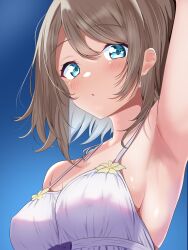 Rule 34 | 1girl, armpits, blue eyes, blush, borgbutler, breasts, brown hair, clover hair ornament, covered erect nipples, flower ornament, hair ornament, highres, looking at viewer, love live!, love live! sunshine!!, medium breasts, no bra, ribbon, shirt, short hair, simple background, solo, upper body, watanabe you, white shirt