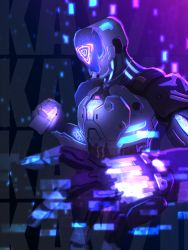 Rule 34 | 1boy, character name, explosive, glowing, grenade, highres, holding, holding grenade, humanoid robot, kay/o (valorant), looking ahead, no humans, pei (despay illustration), purple background, robot, science fiction, solo, valorant