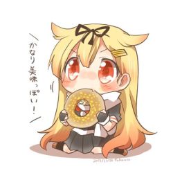 Rule 34 | 10s, 1girl, bad id, bad twitter id, blonde hair, blush, chibi, doughnut, eating, fang, food, hair flaps, kantai collection, long hair, lowres, rebecca (keinelove), red eyes, ribbon, solo, source request, yuudachi (kancolle)