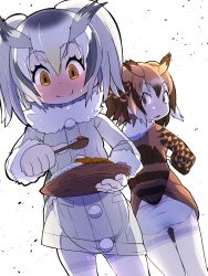 Rule 34 | 10s, 2girls, ass, back, blush, brown eyes, brown hair, buttons, coat, commentary request, curry, curry rice, eating, eurasian eagle owl (kemono friends), food, fur collar, grey hair, hair between eyes, head wings, highres, holding, holding spoon, kemono friends, long sleeves, moyachii, multicolored hair, multiple girls, northern white-faced owl (kemono friends), open mouth, panties, pantyhose, plate, rice, short hair, spoon, sweat, tail, underwear, white background, white hair, wings, wooden spoon