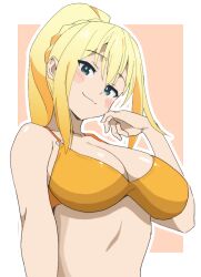 1girl bare_arms bare_shoulders bikini blonde_hair blue_eyes blush_stickers braid breasts commentary crown_braid darkness_(konosuba) hair_between_eyes head_tilt kono_subarashii_sekai_ni_shukufuku_wo! large_breasts long_hair looking_at_viewer noyama_takenoko orange_bikini outline ponytail seductive_gaze seductive_smile simple_background smile solo swimsuit upper_body white_outline