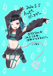 Rule 34 | 1girl, nanashi inc., arms up, asymmetrical gloves, belt, belt bra, black footwear, black gloves, black hair, black jacket, black skirt, black thighhighs, blue background, blue belt, blue hair, blue panties, blue socks, blush, chest belt, clothing cutout, commentary request, cropped jacket, cross-laced clothes, cross-laced sleeves, dated, demon girl, demon horns, demon tail, flat chest, full body, garter straps, gloves, grey skirt, highleg, highleg panties, horns, ishimari, jacket, jumping, layered skirt, long hair, long sleeves, looking at viewer, midriff, multicolored hair, navel, open clothes, open jacket, open mouth, panties, partially fingerless gloves, pointy ears, red eyes, shishio chris, shoes, shoulder cutout, single thighhigh, skirt, smile, sneakers, socks, solo, sugar lyric, tail, thighhighs, translation request, two-tone hair, underwear, virtual youtuber, zipper skirt