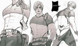 Rule 34 | 2boys, abs, absurdres, artist name, back, back tattoo, bara, blush, clothes pull, covered erect nipples, english text, greyscale, highres, holster, knife sheath, knife sheath, large pectorals, leon s. kennedy, male underwear, monochrome, multiple boys, multiple views, muscular, muscular male, navel, nipples, pants, pants pull, pectorals, resident evil, resident evil 4, resident evil 4 (remake), sheath, shejiyeah, shoulder holster, solo focus, tattoo, thong, underwear, weapon