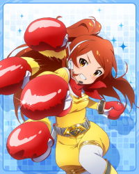Rule 34 | 10s, 1girl, belt, boxing gloves, brown eyes, brown hair, card (medium), grin, headset, idol heroes (idolmaster), idolmaster, idolmaster million live!, long hair, looking at viewer, official art, ogami tamaki, one side up, pantyhose, punching, scarf, smile, solo