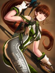 Rule 34 | 1girl, absurdres, alternate hair color, artist name, ass, blunt bangs, bodysuit, breasts, brown eyes, brown hair, commentary, english commentary, eve (stellar blade), fingerless gloves, from side, gloves, green bodysuit, highres, holding, holding sword, holding weapon, long hair, looking at viewer, medium breasts, multicolored bodysuit, multicolored clothes, planet diving suit (7th) (stellar blade), ponytail, silver bodysuit, simple background, skin tight, sleeveless, sleeveless bodysuit, solo, spiritdraws, stellar blade, sword, very long hair, weapon, white bodysuit, white gloves