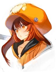 Rule 34 | 1girl, anchor symbol, brown eyes, brown hair, cabbie hat, collarbone, cropped torso, guilty gear, hat, hood, hoodie, long hair, long sleeves, looking at viewer, may (guilty gear), orange hoodie, pout, simple background, sketch, skull and crossbones, solo, suvin (mononochi), upper body, white background