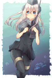 Rule 34 | 10s, 1girl, artist name, black dress, blue eyes, cropped jacket, dress, garrison cap, gradient background, hands on own chest, hat, headgear, highres, kantai collection, leg up, long hair, looking at viewer, military, military hat, military uniform, nano (cherry line), pantyhose, puffy short sleeves, puffy sleeves, short sleeves, silver hair, solo, twitter username, u-511 (kancolle), uniform