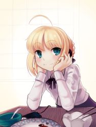 Rule 34 | 1girl, ahoge, artoria pendragon (all), artoria pendragon (fate), blonde hair, blue eyes, blush, boa (brianoa), braid, chopsticks, closed mouth, fate/stay night, fate (series), food, food on face, head rest, indoors, leaning forward, leaning on object, long sleeves, looking at viewer, neck ribbon, plate, purple skirt, red ribbon, ribbon, rice, rice on face, saber (fate), shirt, short hair, skirt, smile, solo, table, white shirt