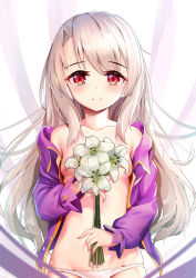 Rule 34 | 1girl, areola slip, asymmetrical bangs, bad id, bad pixiv id, bare shoulders, blonde hair, blush, breasts, closed mouth, collarbone, commentary request, dot nose, fate/stay night, fate (series), flower, groin, holding, holding flower, illyasviel von einzbern, jacket, long hair, long sleeves, looking at viewer, nipples, off shoulder, open clothes, open jacket, panties, pink jacket, red eyes, revision, small breasts, smile, solo, striped, underwear, upper body, white flower, white panties, yan (nicknikg)