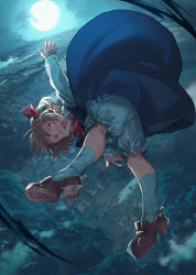 Rule 34 | 1girl, :d, above clouds, bad id, bad pixiv id, black skirt, blonde hair, bloomers, brown footwear, clothes lift, cloud, colored eyelashes, dutch angle, fang, flying, forest, from above, from behind, full body, full moon, hair ribbon, highres, horizon, kneehighs, looking at viewer, mary janes, moon, moonlight, nature, necktie, night, open mouth, outdoors, red necktie, red ribbon, ribbon, rumia, shichigatsu, shoes, short hair, skirt, skirt lift, skirt set, slit pupils, smile, socks, solo, touhou, underskirt, underwear, village, white socks