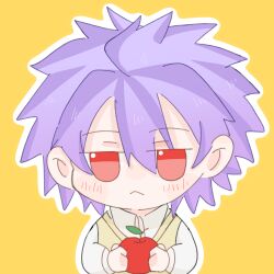 Rule 34 | 1boy, :&lt;, amepliot, apple, chibi, chinese commentary, closed mouth, collared shirt, commentary request, food, fruit, hair between eyes, highres, holding, holding food, holding fruit, long sleeves, male focus, outline, purple hair, red eyes, saibou shinkyoku, shirt, short hair, simple background, solo, sweater vest, theodore riddle, white outline, white shirt, yellow background, yellow sweater vest