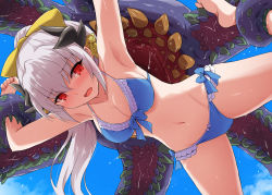 Rule 34 | 1girl, armpits, bare shoulders, bikini, blue bikini, blush, bow, breasts, cleavage, collarbone, dragon girl, dragon horns, fate/grand order, fate (series), hair bow, hair ornament, highres, horns, kiyohime (fate), kiyohime (fate/grand order), kiyohime (swimsuit lancer) (fate), kiyohime (swimsuit lancer) (third ascension) (fate), large breasts, long hair, marugoshi (54burger), monster, multiple horns, navel, ponytail, red eyes, restrained, sea demon, silver hair, swimsuit, tentacles, thighs, yellow bow