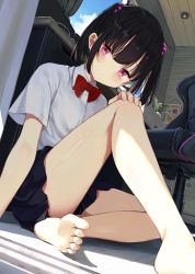 Rule 34 | 1girl, arm support, bare legs, barefoot, black hair, blush, bow, bowtie, chair, commentary request, desk, dutch angle, feet, foreshortening, gaming chair, hair ornament, hair scrunchie, hand on own knee, head tilt, indoors, kamizaki hibana, legs, long legs, looking at viewer, medium hair, miniskirt, on ground, original, pink eyes, pleated skirt, red bow, red bowtie, school uniform, scrunchie, shadow, shiny skin, shirt, short sleeves, sitting, skirt, soles, solo, swivel chair, toes, two side up, white shirt, window