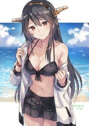 Rule 34 | 1girl, bikini, bikini top only, black bikini, black hair, black shorts, blue sky, border, breasts, brown eyes, cleavage, closed mouth, commentary request, commission, dated, hair between eyes, hair ornament, hairband, hairclip, haruna (kancolle), haruna kai ni (kancolle), headgear, jacket, kantai collection, large breasts, long hair, looking at viewer, navel, ocean, off shoulder, official alternate costume, outside border, satsumi, short shorts, shorts, single bare shoulder, skeb commission, sky, smile, solo, swimsuit, white border, white jacket