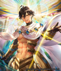 Rule 34 | 1boy, abs, ahoge, bare pectorals, black gloves, brown hair, cape, dark skin, dark-skinned male, egyptian, egyptian clothes, fate/grand order, fate/prototype, fate/prototype: fragments of blue and silver, fate (series), gauntlets, gloves, hair between eyes, holding, holding staff, jewelry, looking at viewer, male focus, muscular, necklace, nemusuke, open mouth, ozymandias (fate), pectorals, topless male, shrug (clothing), solo, staff, white cape, yellow eyes