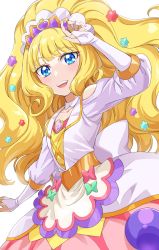 Rule 34 | 1girl, :d, back bow, blonde hair, blue eyes, blunt bangs, blush, bow, bridal gauntlets, choker, collarbone, commentary request, cure finale, delicious party precure, detached sleeves, diadem, dress, eyelashes, hair ornament, happy, high ponytail, highres, jewelry, kasai amane, layered dress, long hair, long sleeves, looking at viewer, magical girl, open mouth, pink choker, precure, ring, sharumon, simple background, smile, solo, very long hair, white background, white bow