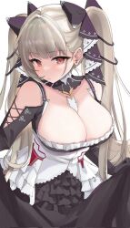 Rule 34 | 1girl, azur lane, between breasts, black dress, black ribbon, blunt bangs, breasts, cleavage, closed mouth, clothes lift, dress, dress lift, ear piercing, formidable (azur lane), frilled dress, frills, gothic lolita, hair ribbon, highres, large breasts, light brown hair, lolita fashion, long hair, looking at viewer, piercing, red eyes, ribbon, simple background, solo, twintails, two-tone dress, two-tone ribbon, white background, white dress, white ribbon, xin hong