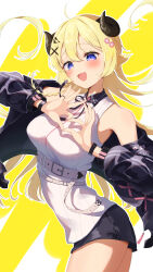 Rule 34 | 1girl, :d, absurdres, ahoge, alternate costume, asymmetrical hair, belt, black jacket, black ribbon, black shorts, blonde hair, blush, braid, breasts, collared shirt, commentary, cowboy shot, flower, hair flower, hair ornament, hairclip, heart, heart hands, highres, hololive, horns, jacket, long hair, looking at viewer, medium breasts, minazumi souka, neck ribbon, off shoulder, open clothes, open jacket, open mouth, outline, purple eyes, ribbed shirt, ribbon, sheep horns, shirt, short shorts, shorts, side braid, simple background, single braid, sleeveless, sleeveless shirt, smile, solo, standing, symbol-only commentary, tsunomaki watame, twisted torso, virtual youtuber, watch, white background, white belt, white outline, white shirt, wing collar, wristwatch, x hair ornament, yellow background