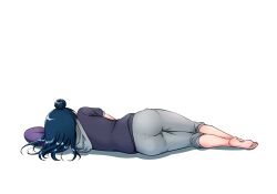 Rule 34 | 1girl, absurdres, ass, barefoot, blue hair, chishio (onoderayui), from behind, full body, grey pants, hair bun, head on pillow, highres, hood, hoodie, long hair, love live!, love live! sunshine!!, lying, on side, pants, pants rolled up, pillow, short sleeves, simple background, single hair bun, solo, tsushima yoshiko, white background