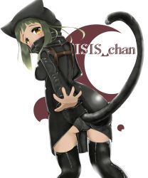 Rule 34 | 1girl, animal hood, artist request, ass, back, black panties, blush, cat girl, cat tail, character name, covered mouth, green hair, highres, hood, isis-chan, original, panties, reaching, reaching towards viewer, sidelocks, solo, tail, thighhighs, underwear, yellow eyes