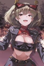 Rule 34 | 1girl, bandeau, belt, black belt, black jacket, blonde hair, breasts, burnice white, cleavage, commentary request, eyewear on head, fangs, highres, jacket, long sleeves, medium breasts, midriff, navel, open clothes, open jacket, open mouth, red eyes, short hair, skin fangs, smile, solo, sunglasses, toya echoblaze, twintails, zenless zone zero