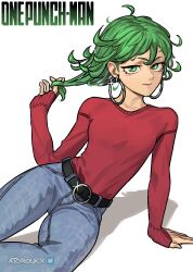 Rule 34 | 1girl, absurdres, arm support, atoroux, belt, breasts, closed mouth, copyright name, curly hair, denim, earrings, green eyes, green hair, highres, hoop earrings, jeans, jewelry, light smile, long sleeves, looking at viewer, one-punch man, pants, red sweater, simple background, small breasts, solo, sweater, tatsumaki, white background