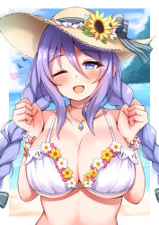 Rule 34 | 0208ramune, 1girl, absurdres, beach, bikini, blue eyes, breasts, breasts squeezed together, broken horn, cleavage, collarbone, flower, hair between eyes, hat, highres, horns, large breasts, looking at viewer, o-ring, o-ring bikini, o-ring top, one eye closed, open mouth, outdoors, princess connect!, purple hair, ribbon, shizuru (princess connect!), shizuru (summer) (princess connect!), solo, straw hat, sunflower, swimsuit, upper body, white bikini, white ribbon