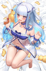 Rule 34 | 1girl, bare shoulders, barefoot, bikini, blue choker, blue hair, blunt bangs, blush, breasts, choker, colored inner hair, commentary, commentary request, detached sleeves, frilled bikini, frills, full body, hair ornament, hair ribbon, highres, jacket, jewelry, knees together feet apart, lize helesta, long hair, looking at viewer, medium breasts, monocle, multicolored hair, necklace, nijisanji, open mouth, pink eyes, purple hair, ribbon, rubber duck, see-through, see-through sleeves, silver hair, simple background, sleeves past wrists, solo, streaked hair, suraimu (suraimuraimu), swimsuit, symbol-only commentary, thighs, trigger discipline, two side up, virtual youtuber, water, water drop, water gun, white background