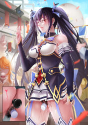 Rule 34 | 1girl, absurdres, anal, anal object insertion, blue hair, blush, breasts, detached sleeves, dildo, dress, female pubic hair, frilled sleeves, frills, garter straps, hair between eyes, hair ornament, highres, long hair, looking at viewer, medium breasts, neptune (series), noire (neptunia), nonkhian r18, object insertion, outdoors, panties, pubic hair, purple eyes, sex toy, sidelocks, smile, solo focus, sweat, twintails, uncensored, underwear, vaginal, vaginal object insertion, very long hair, vibrator, white panties